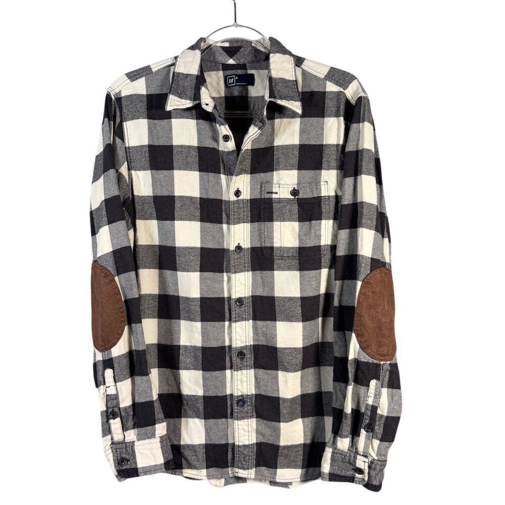 Gap Men's Size M Black & White Plaid Cotton Flannel Shirt Elbow Patches